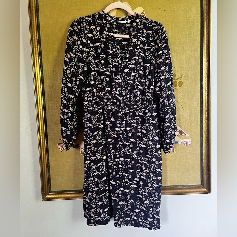 Boden Navy and Cream Fox Woodland Print V-Neck Bishop Sleeve Dress